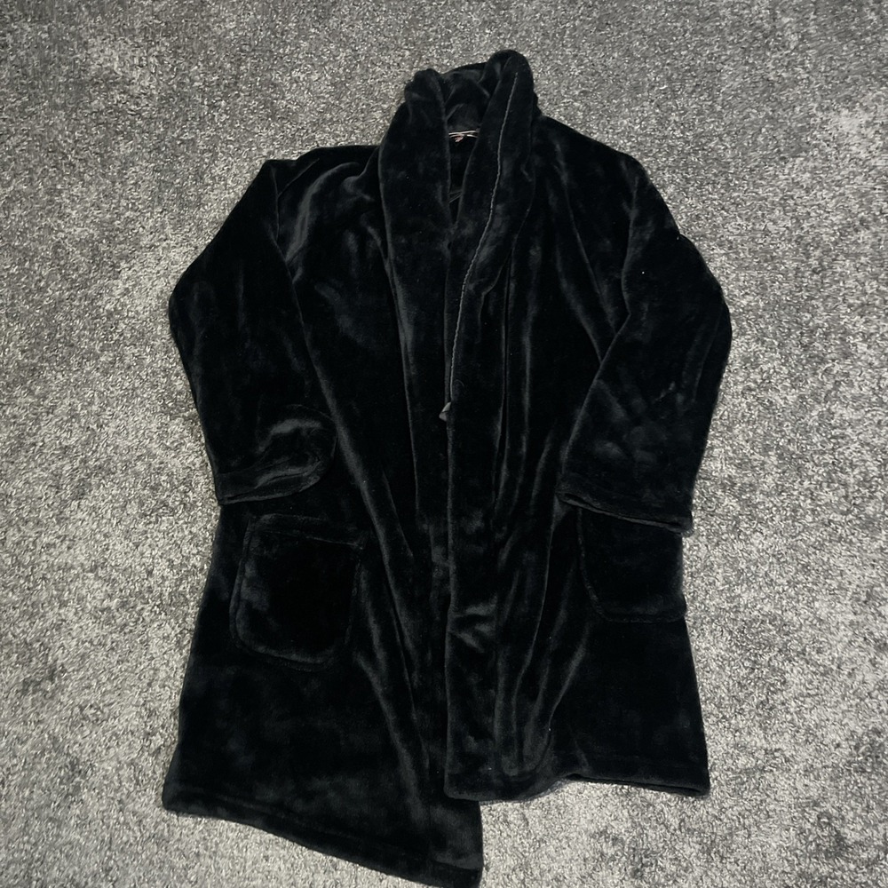 Victoria Secret Black Plush‎ Fleece Embroidered Logo Robe XS/S Missing Tie Belt